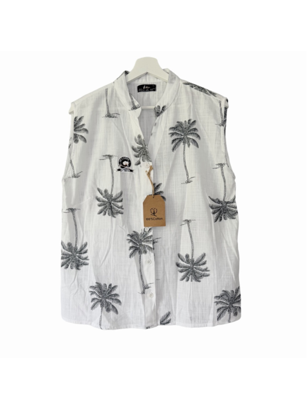 Blanc du Nil New Cotton White Black Palm Tree Sleeveless Button Front Shirt